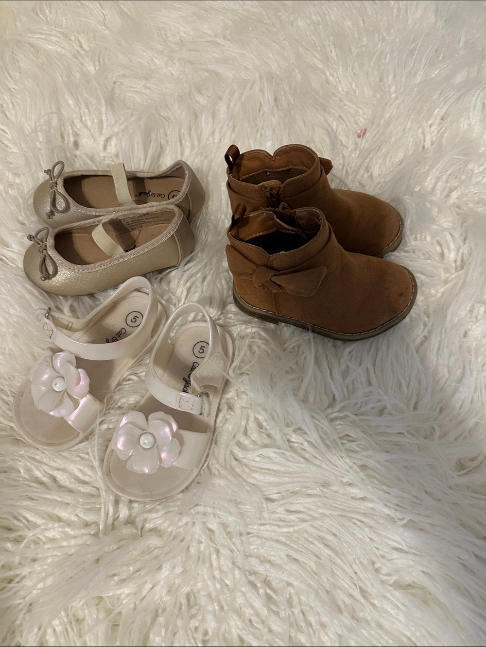 GAP Girls Brown Ankle Boots with Cat & Jack Cream & Pearl Sandals & gold ballet